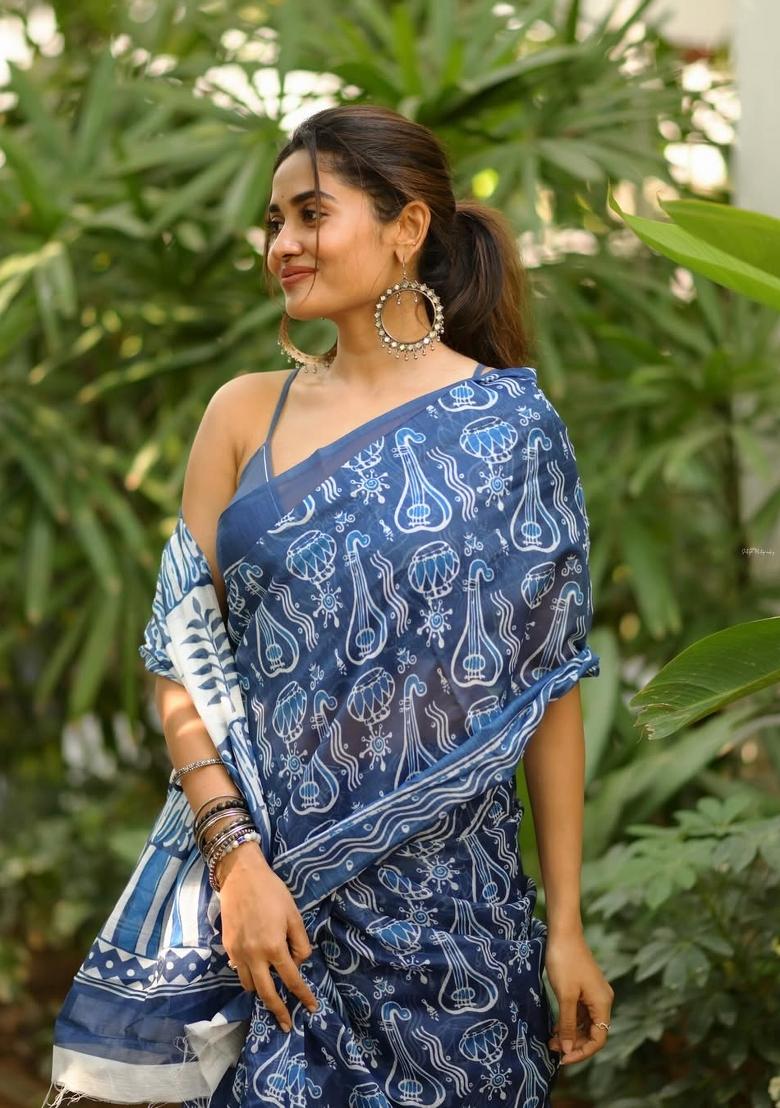 Blue Printed Linen Saree Set - Indya