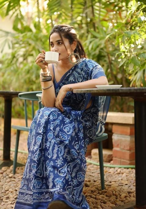 Blue Printed Linen Saree Set