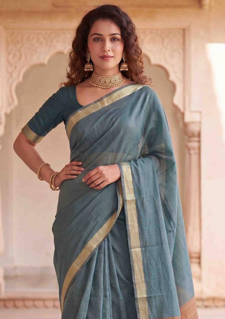 Grey Zari Work Linen Saree Set - Indya