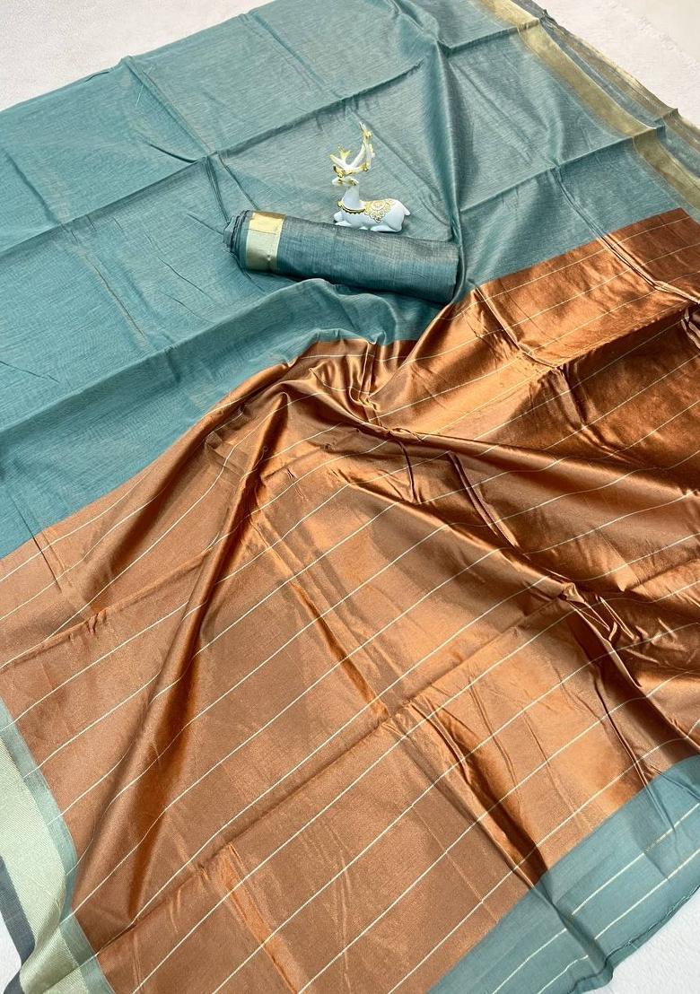 Grey Zari Work Linen Saree Set - Indya
