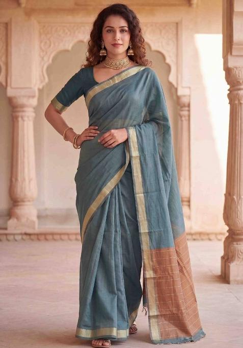 Grey Zari Work Linen Saree Set