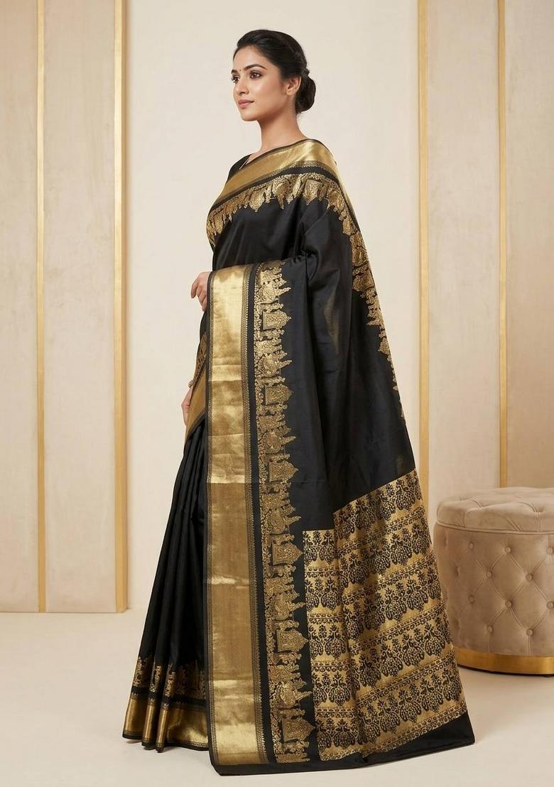 Black Jacquard Silk Blend Saree Set - Indya