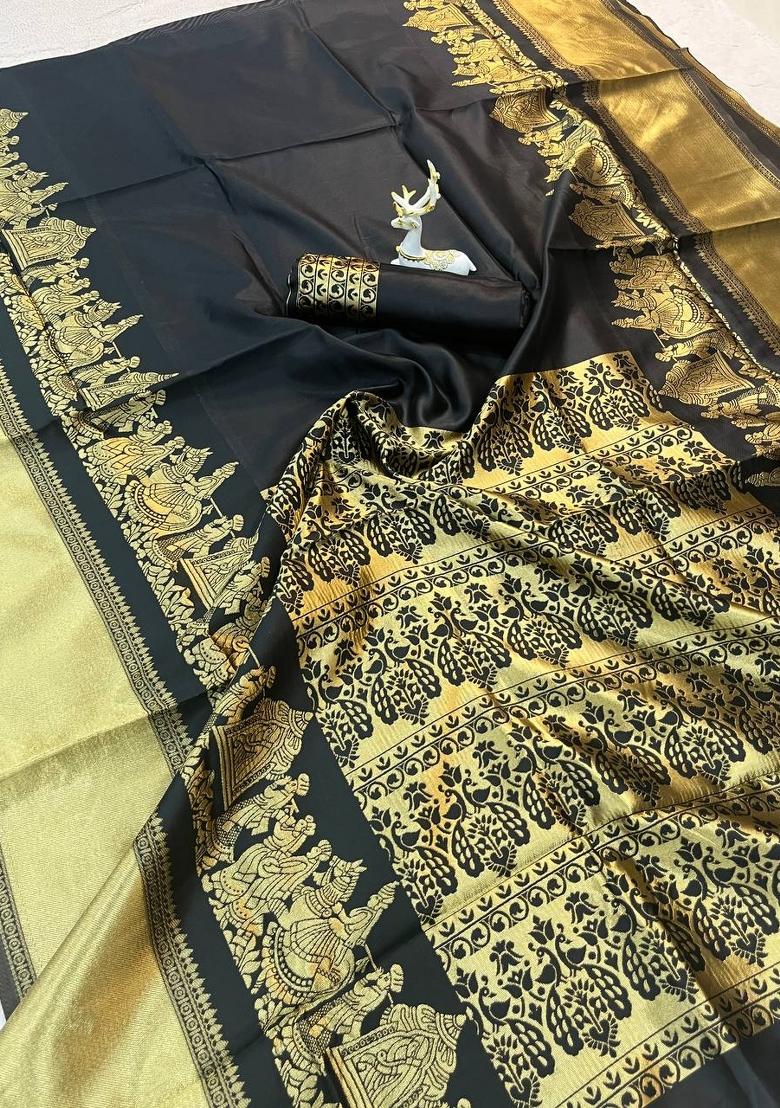 Black Jacquard Silk Blend Saree Set - Indya