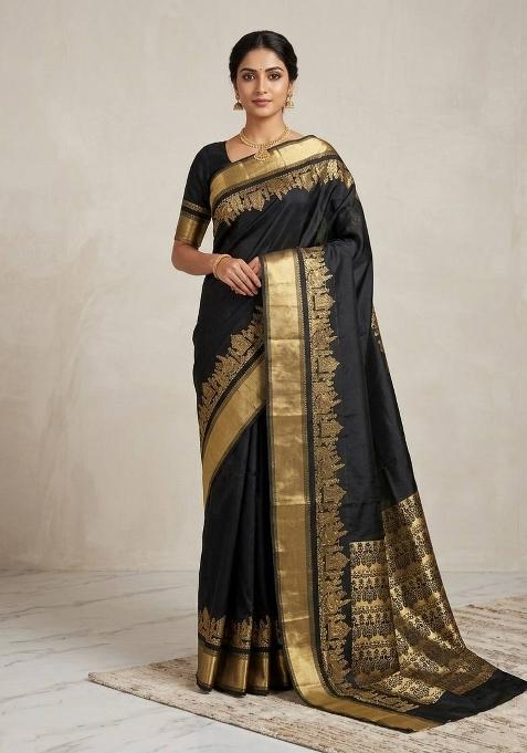 Black Jacquard Silk Blend Saree Set