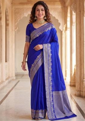 Royal Blue Jacquard Silk Blend Saree Set