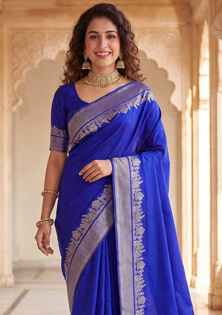 Royal Blue Jacquard Silk Blend Saree Set - Indya