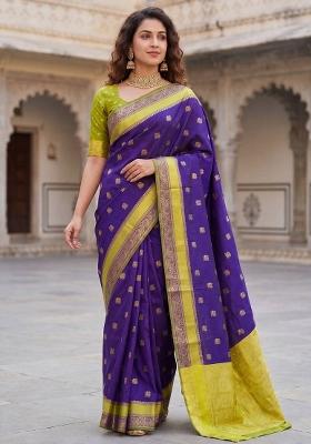 Purple Jacquard Silk Blend Saree Set