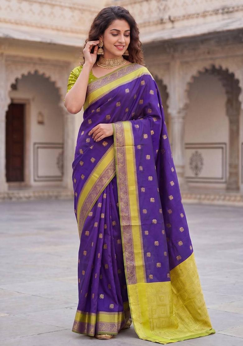 Purple Jacquard Silk Blend Saree Set - Indya