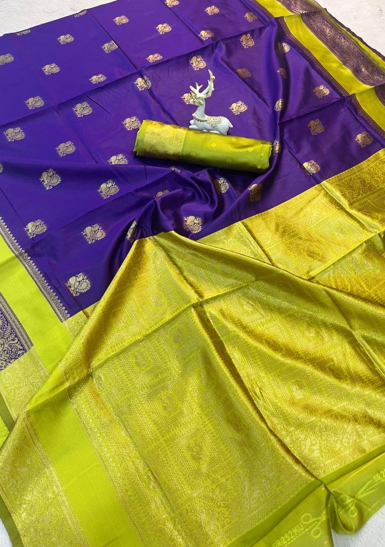 Purple Jacquard Silk Blend Saree Set - Indya