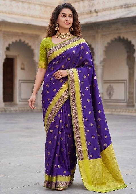 Purple Jacquard Silk Saree Set
