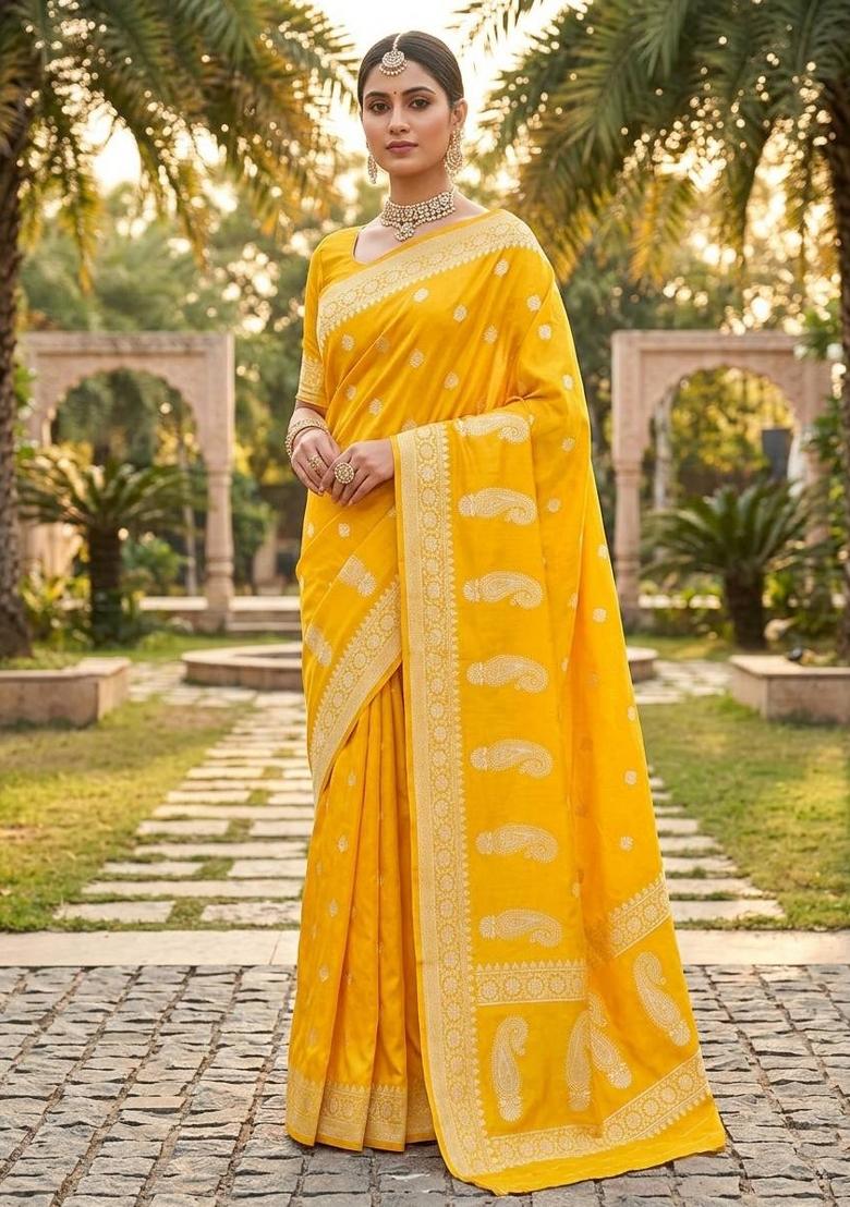 Yellow Jacquard Silk Blend Saree Set - Indya