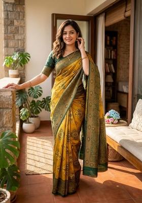 Mustard Zari Work Silk Blend Saree Set
