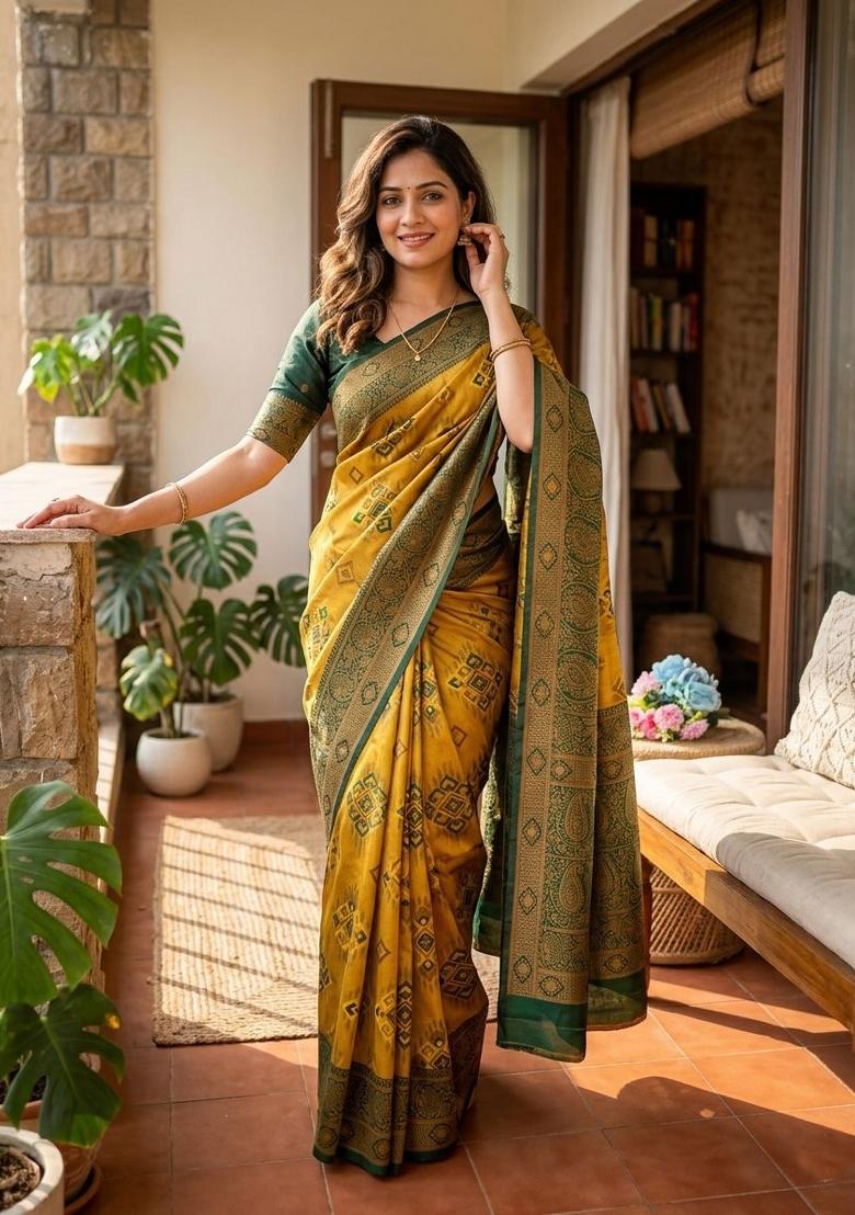 Mustard Zari Work Silk Blend Saree Set - Indya