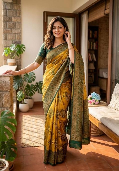 Mustard Zari Work Silk Blend Saree Set