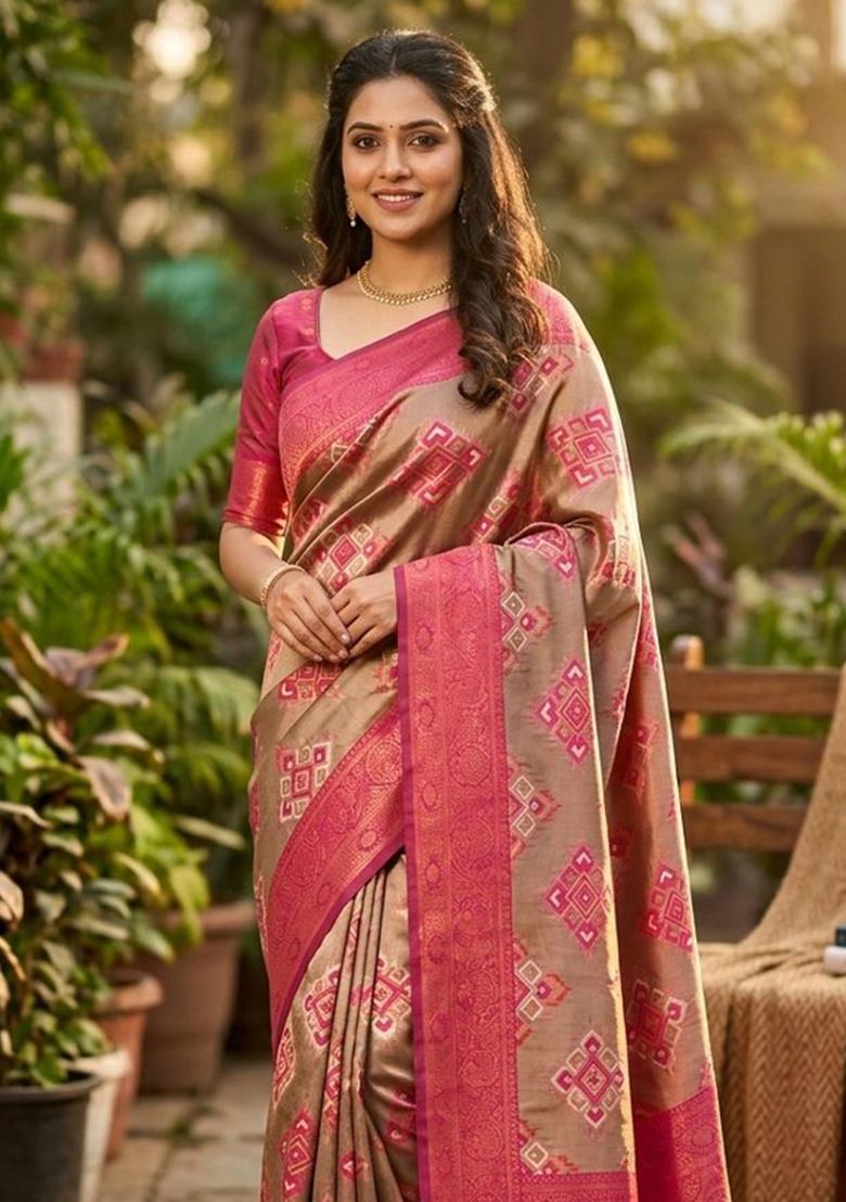 Brown Zari Work Silk Blend Saree Set - Indya