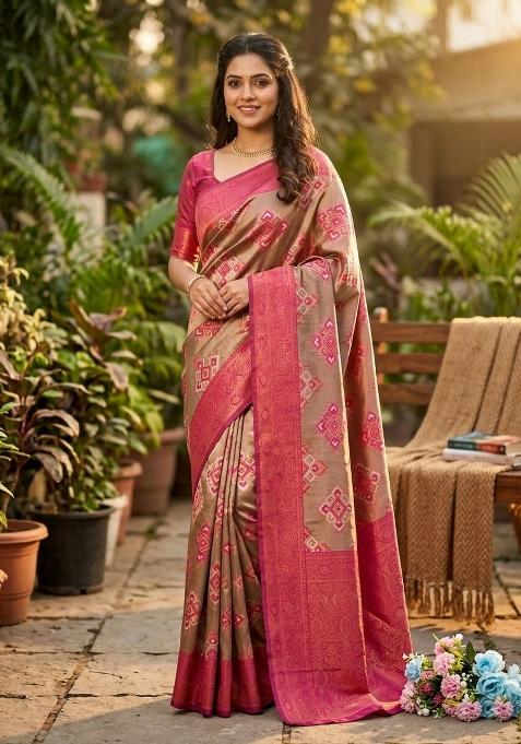Brown Zari Work Silk Saree Set