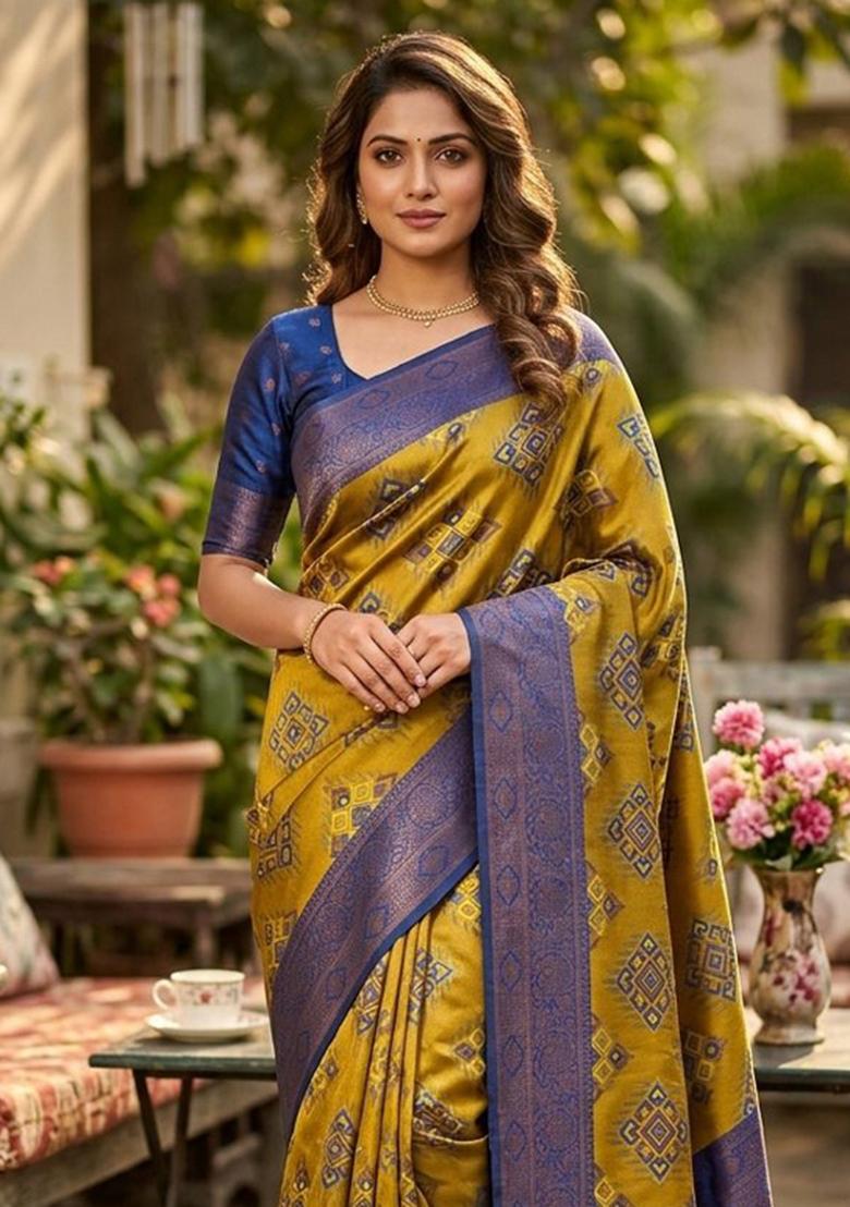 Mustard Zari Work Silk Blend Saree Set - Indya