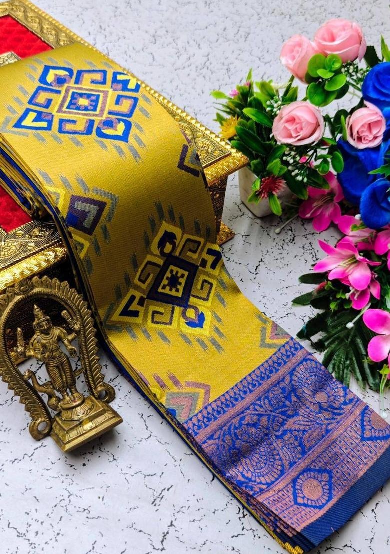 Mustard Zari Work Silk Blend Saree Set - Indya