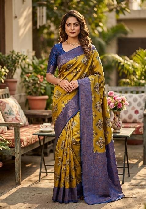 Mustard Zari Work Silk Blend Saree Set