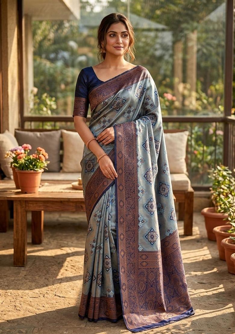 Light Blue Zari Work Silk Blend Saree Set - Indya