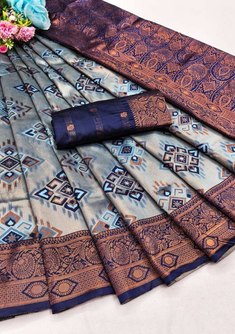 Light Blue Zari Work Silk Blend Saree Set for Diwali and Festive Wear - Indya