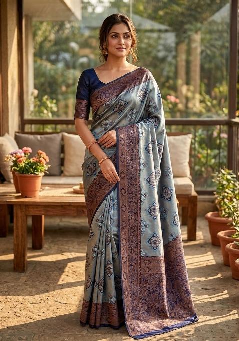 Light Blue Zari Work Silk Saree Set