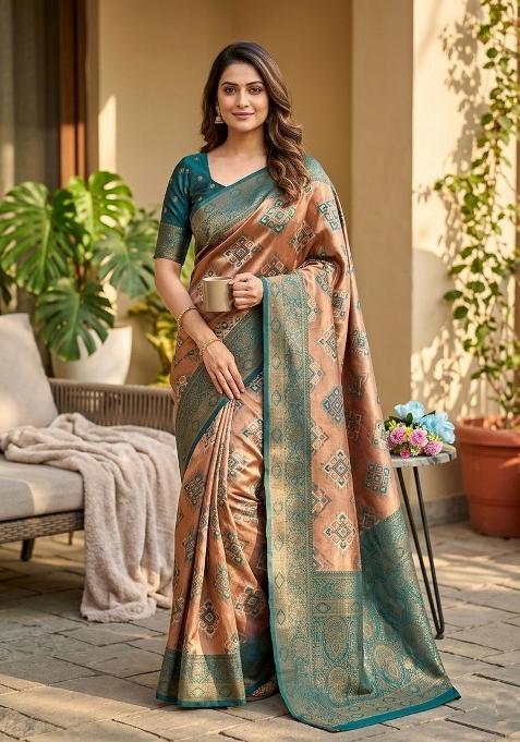 Peach Zari Work Silk Saree Set