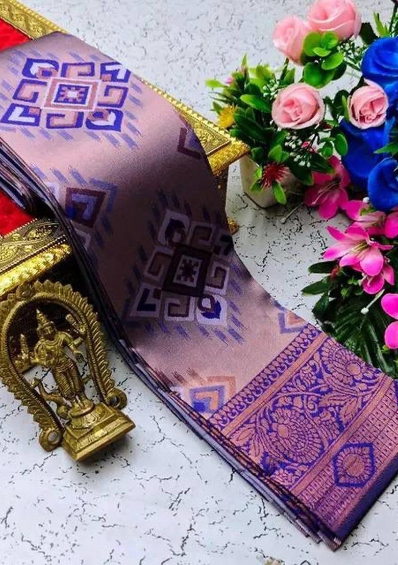 Lavender Zari Work Silk Blend Saree Set - Indya