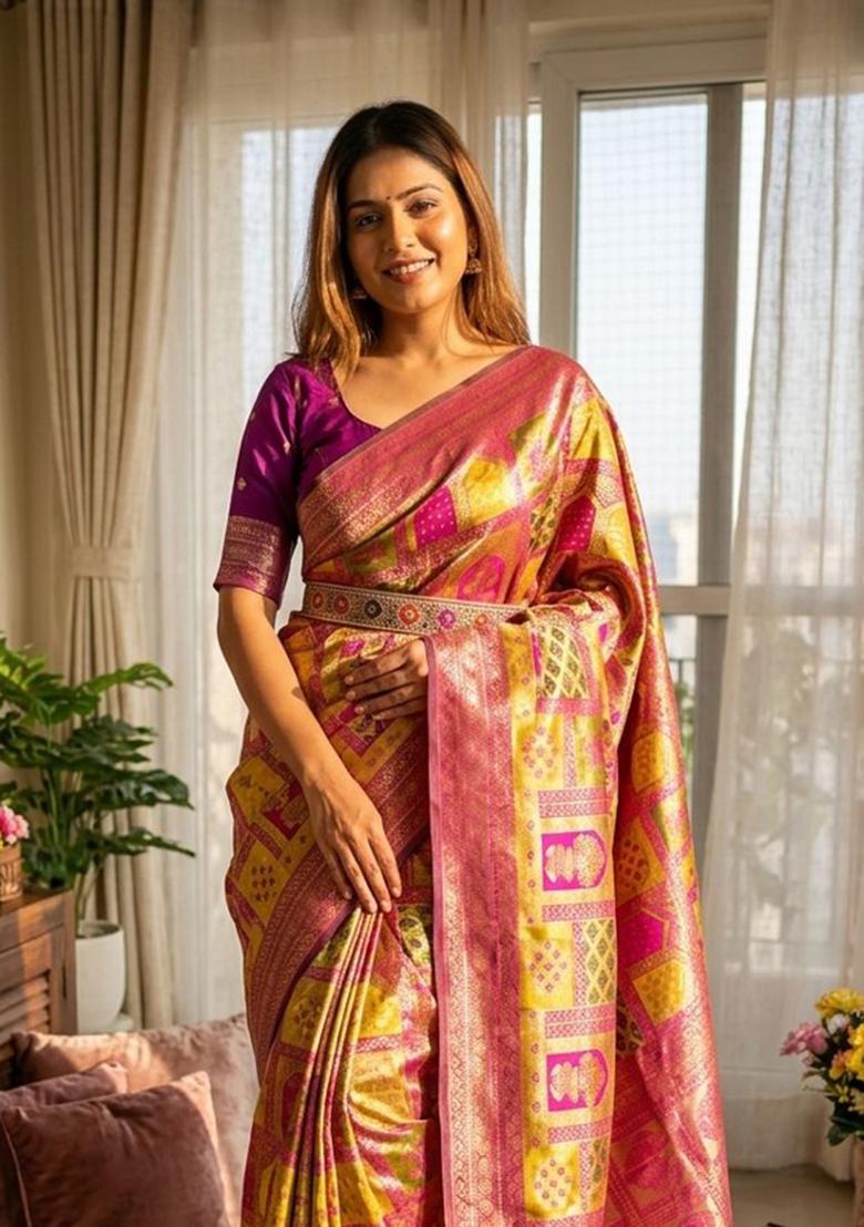 Yellow Zari Work Silk Blend Saree Set - Indya