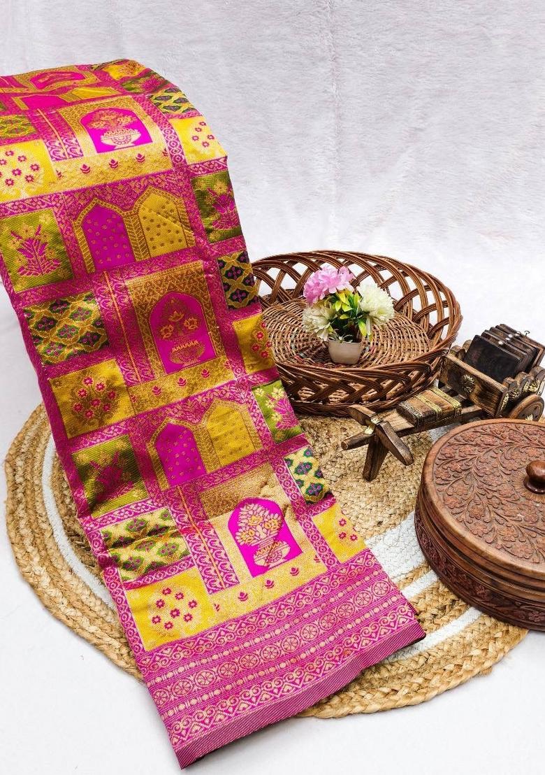 Yellow Zari Work Silk Blend Saree Set - Indya