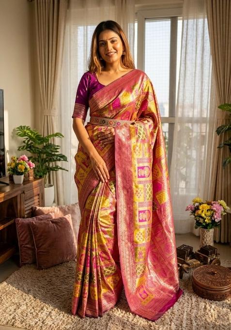 Yellow Zari Work Silk Blend Saree Set