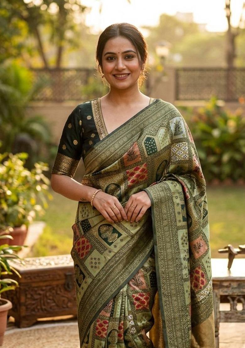 Light Green Zari Work Silk Blend Saree Set - Indya