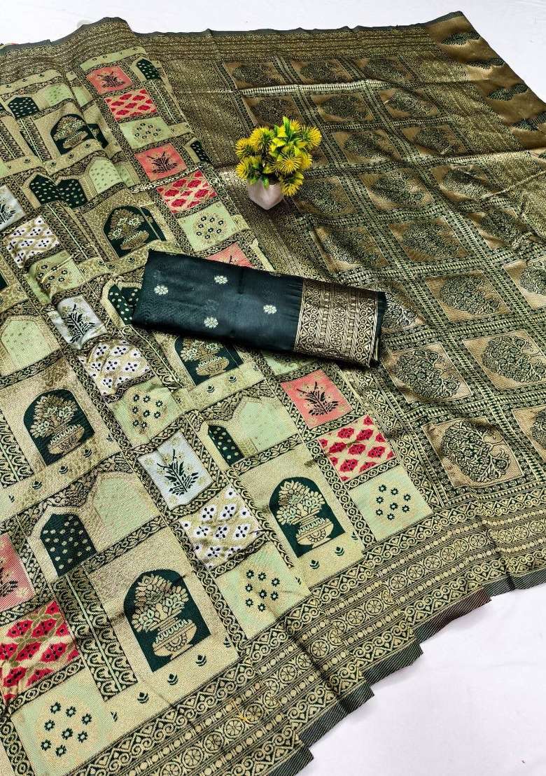 Light Green Zari Work Silk Blend Saree Set for Diwali and Festive Wear - Indya