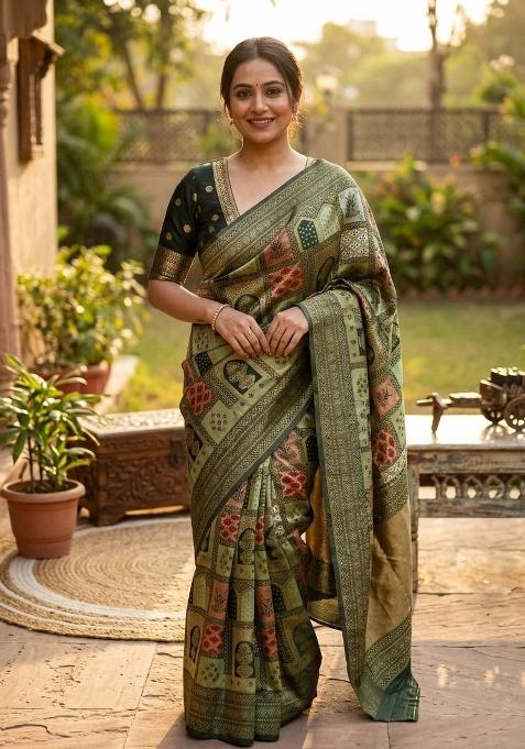 Light Green Zari Work Silk Blend Saree Set