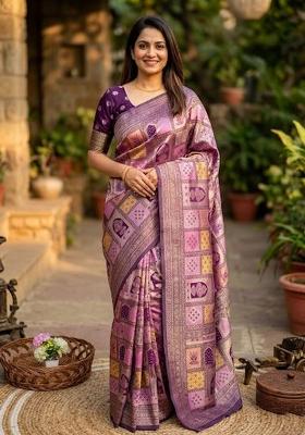 Lavender Zari Work Silk Blend Saree Set