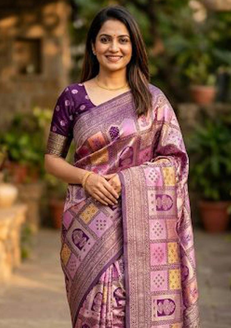Lavender Zari Work Silk Blend Saree Set - Indya