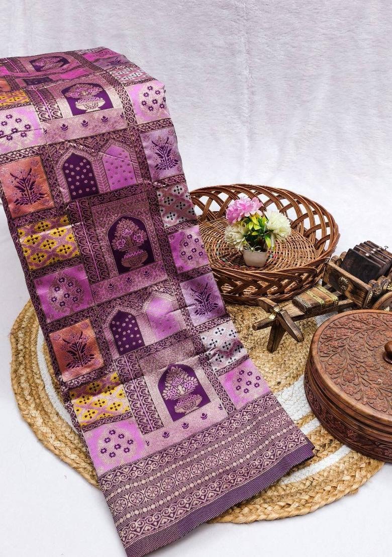 Lavender Zari Work Silk Blend Saree Set - Indya