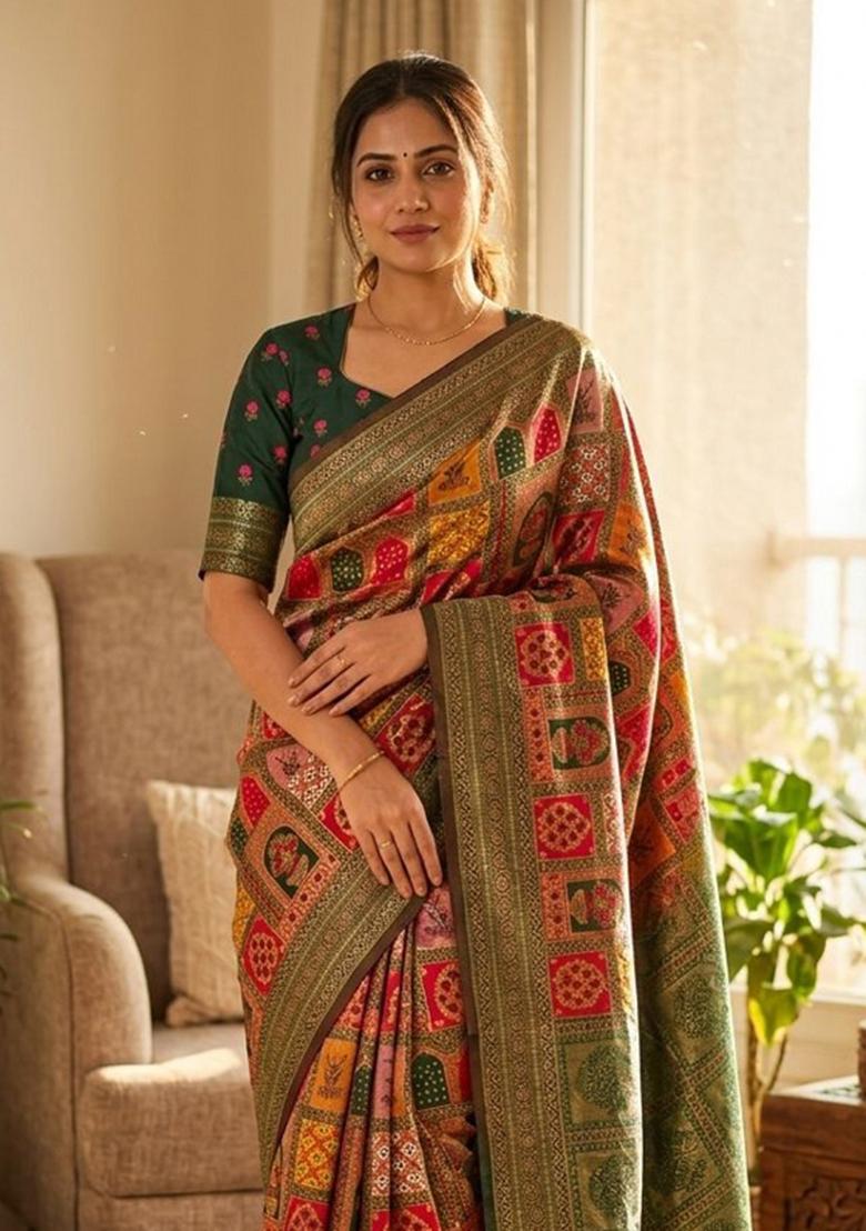 Multicolor Zari Work Silk Blend Saree Set - Indya