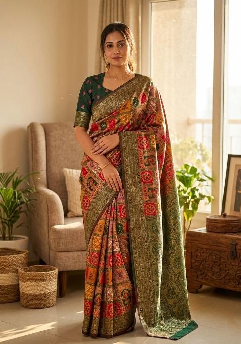 Multicolor Zari Work Silk Blend Saree Set