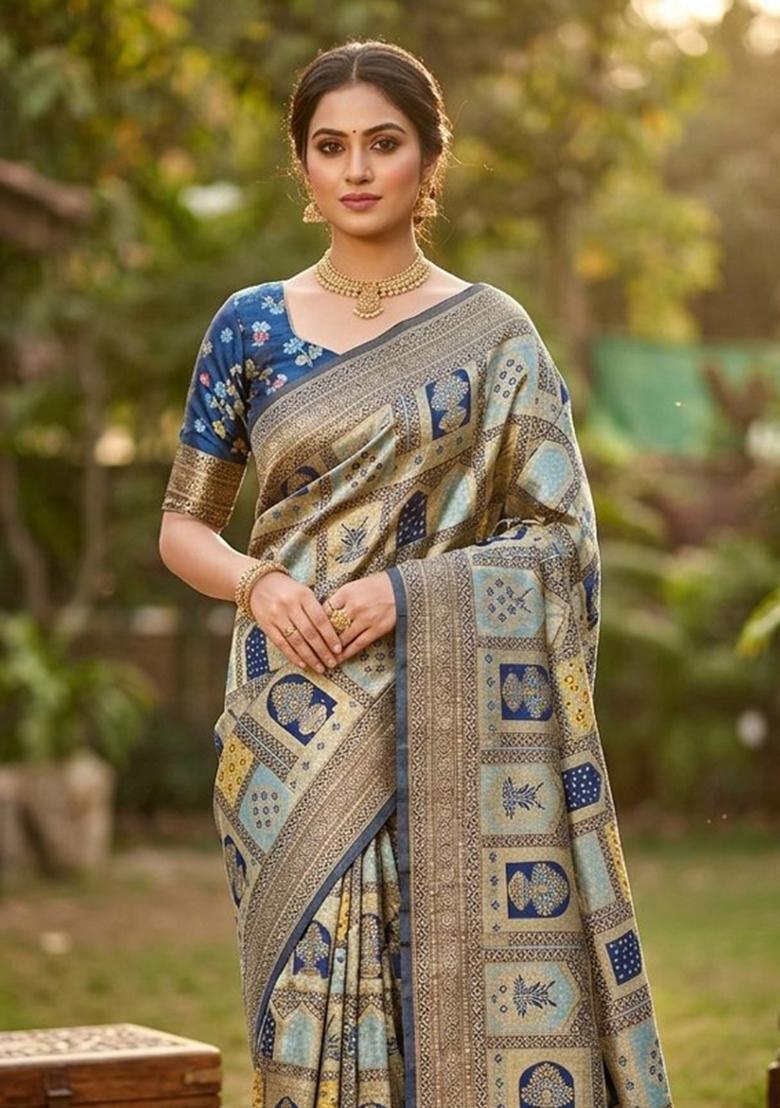Light Blue Zari Work Silk Blend Saree Set - Indya