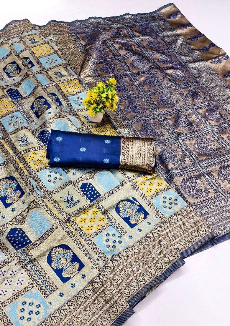 Light Blue Zari Work Silk Blend Saree Set for Diwali and Festive Wear - Indya