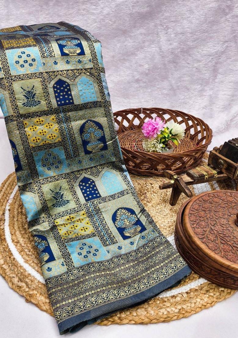 Light Blue Zari Work Silk Blend Saree Set - Indya