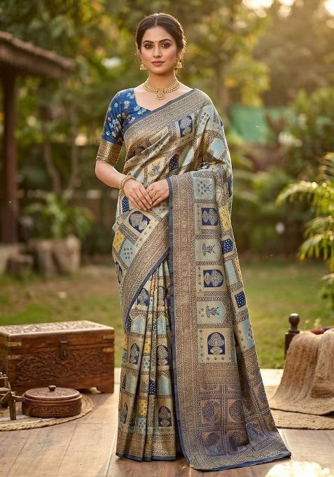 Light Blue Zari Work Silk Blend Saree Set