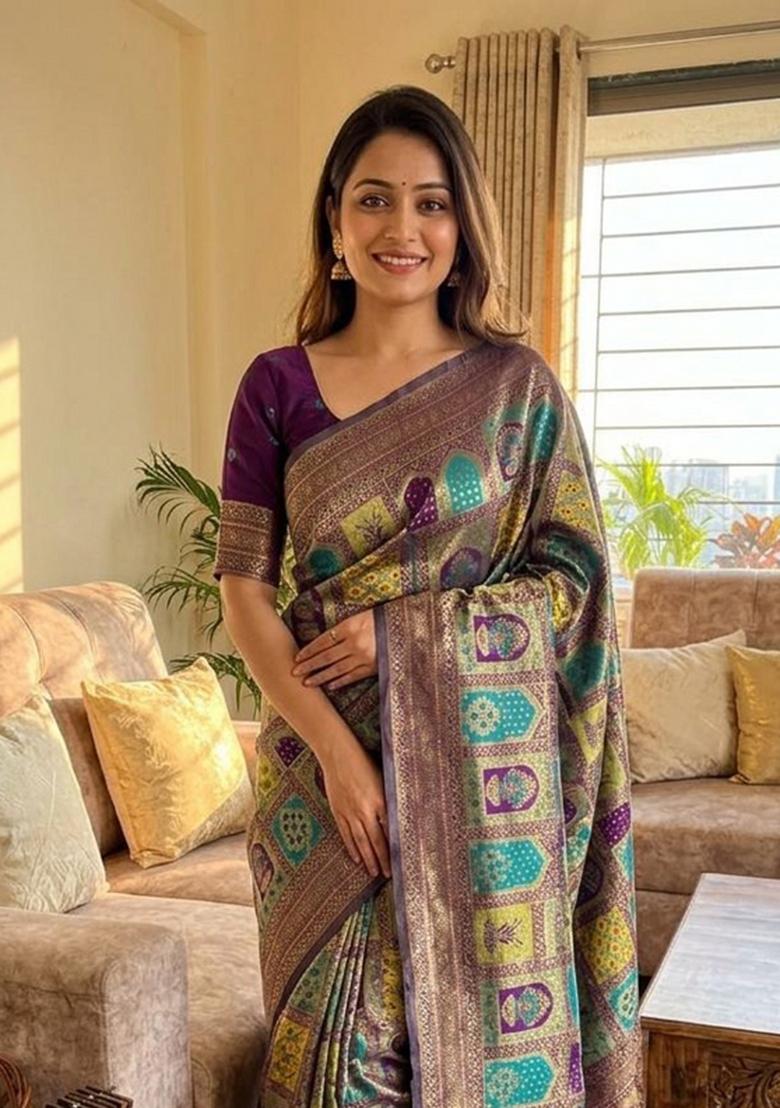 Multicolor Zari Work Silk Blend Saree Set - Indya