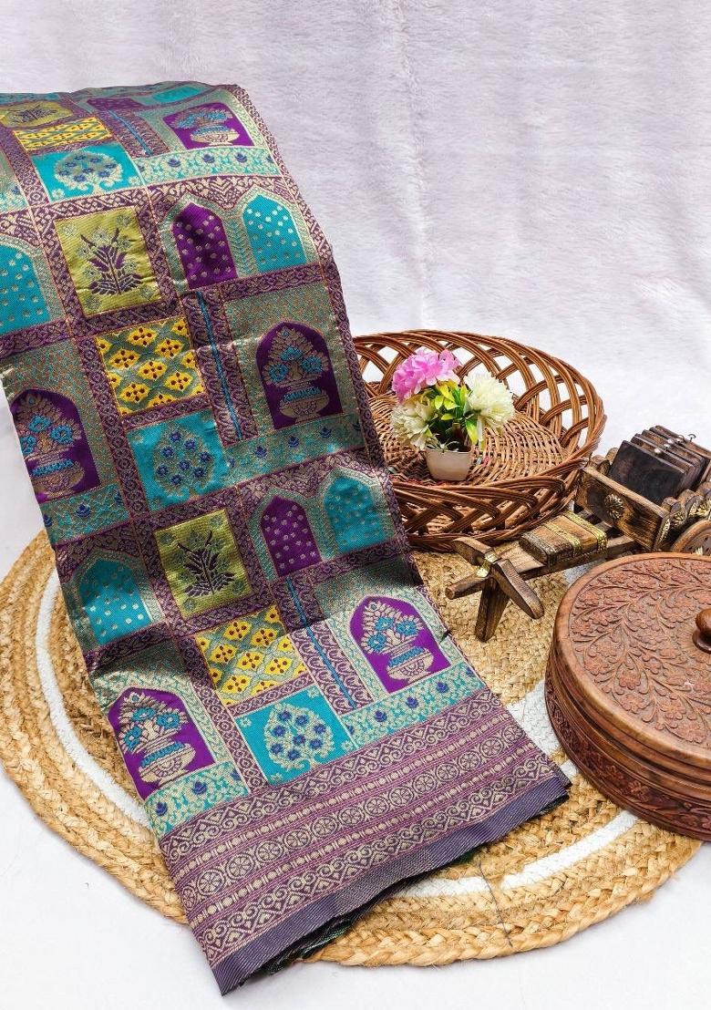 Multicolor Zari Work Silk Blend Saree Set - Indya