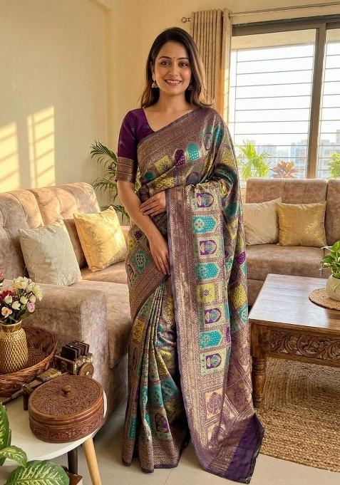 Multicolor Zari Work Silk Blend Saree Set