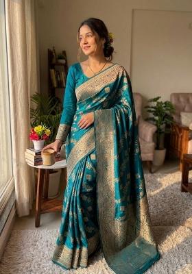 Rama Blue Zari Work Silk Blend Saree Set
