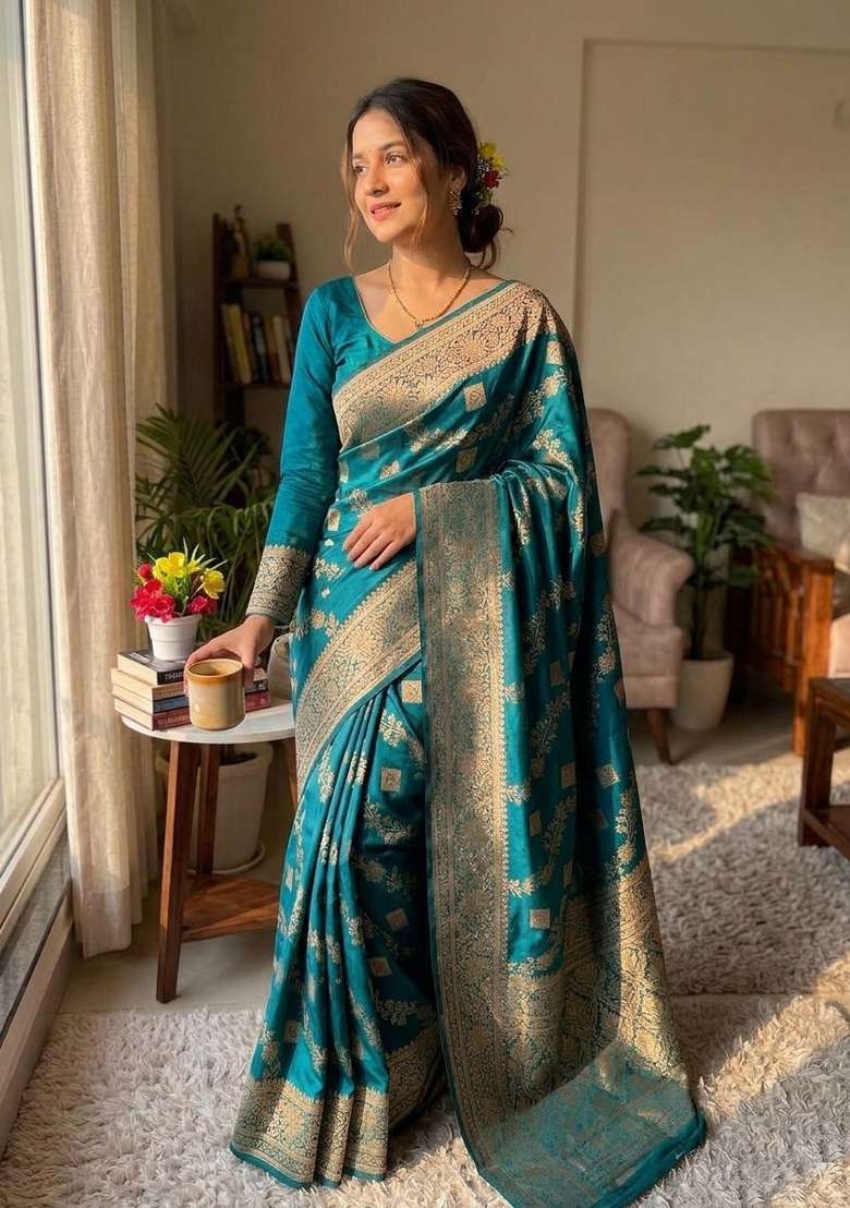 Rama Blue Silk Blend Saree Set with Zari Work for Diwali | Wedding & Festive Wear - Indya