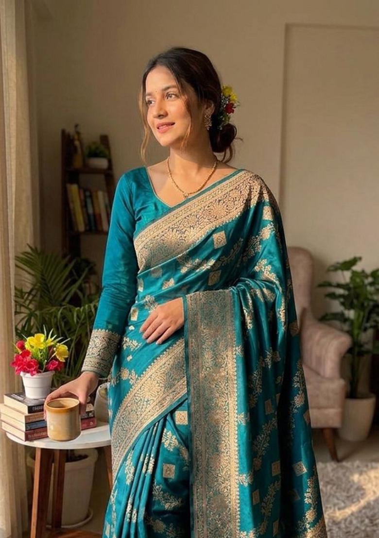 Rama Blue Zari Work Silk Blend Saree Set - Indya