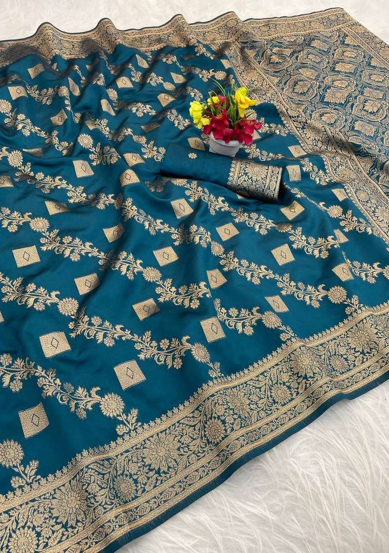 Rama Blue Silk Blend Saree Set with Zari Work for Diwali | Wedding & Festive Wear - Indya